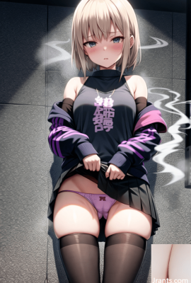 (Imagen erótica de ilustración de AI) Chica de moda callejera en el callejón de atrás