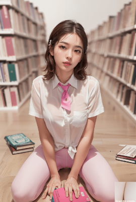 Chica con leggings rosas en la biblioteca