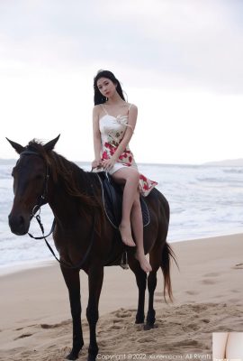La falda larga retro de 182 cm de Li Yarou con aberturas altas a la orilla del mar muestra su elegancia mientras monta a caballo (74P)