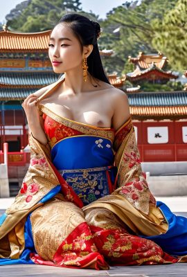 pendientes de oro colgantes, imagen de una bella princesa china mostrando vagina y senos